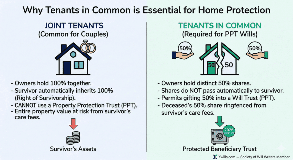 Diagram showing the difference between joint tenants and tenants in common for a PPT Will in England and Wales 2026