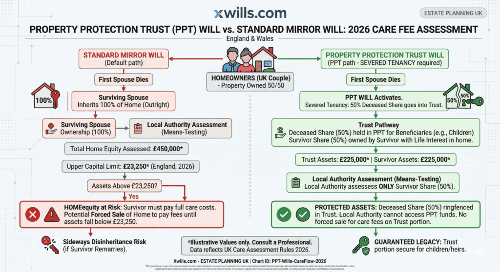 Flowchart comparing property protection trust wills vs standard wills for care fee assessment 2026