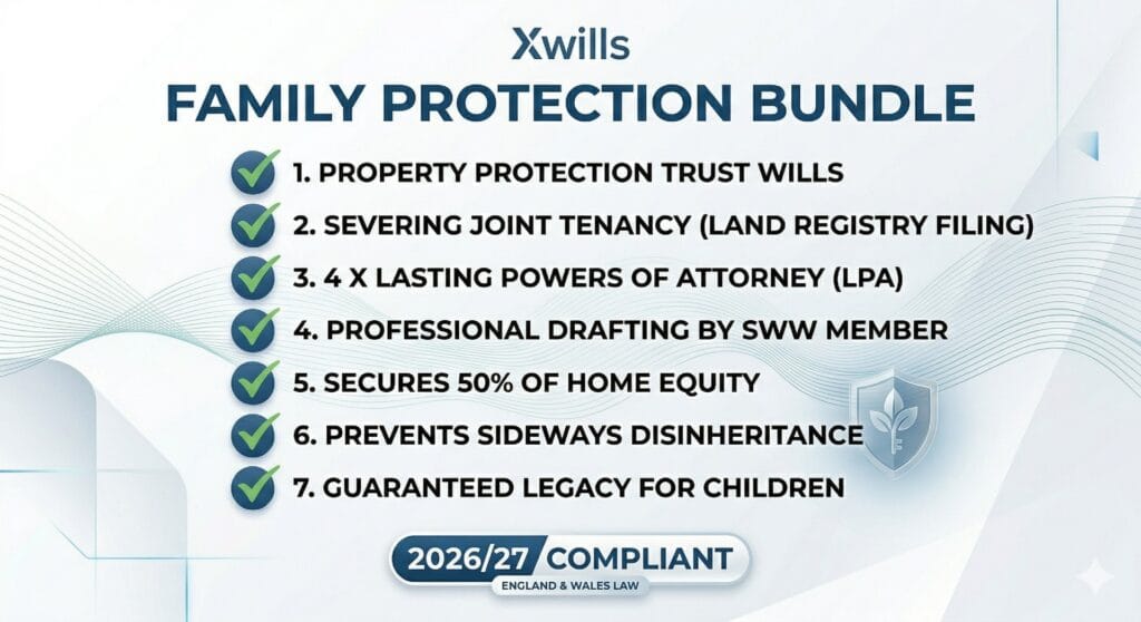 Xwills Family Protection Bundle features including PPT Wills and Severing Joint Tenancy.
