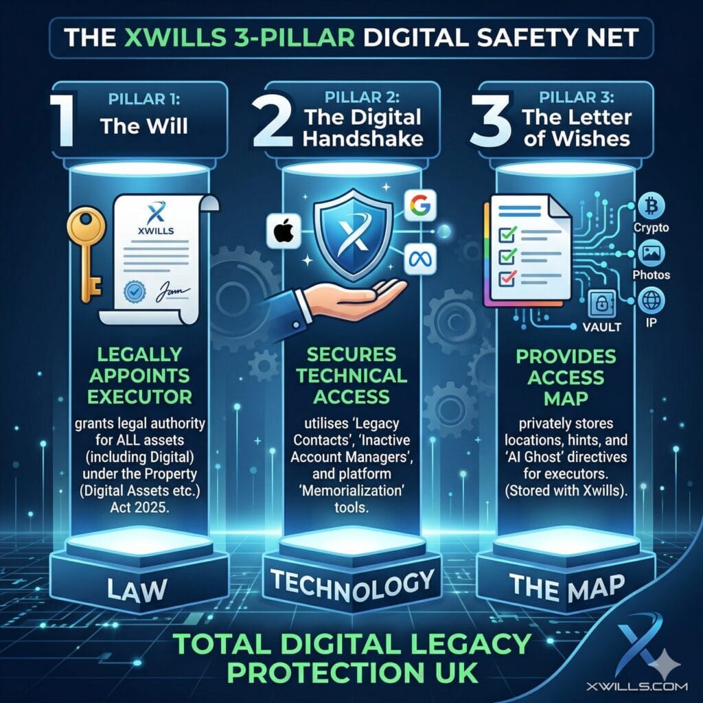 An infographic illustrating the Xwills 3-pillar method for digital assets estate planning UK, showing Law, Technology, and The Map.