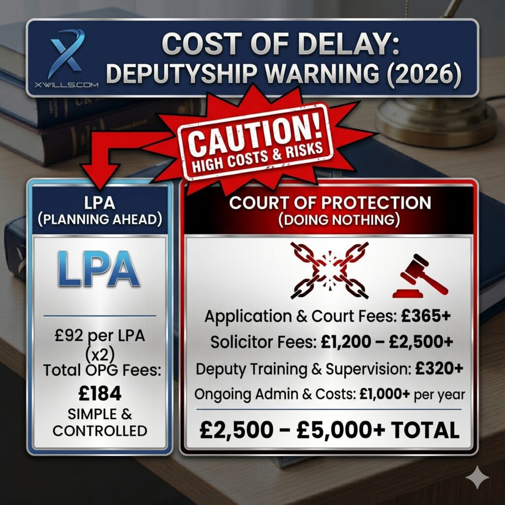 A warning graphic comparing the low cost of an LPA (£184) against the high cost of Court of Protection Deputyship (£2,500+).