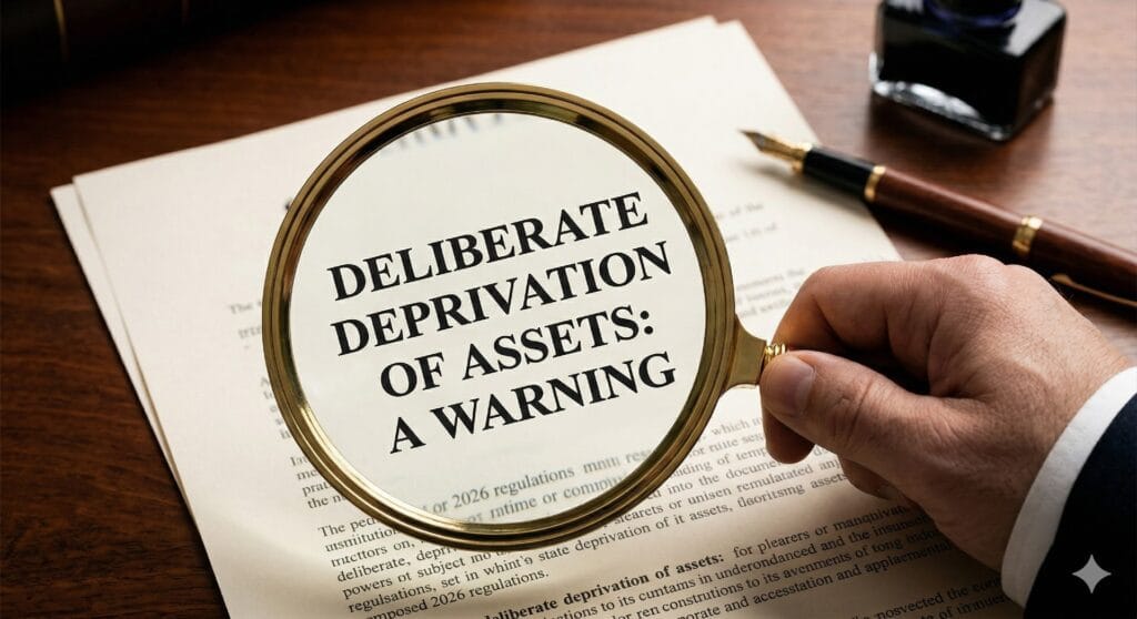 A close-up of a magnifying glass highlighting the phrase 'Deliberate Deprivation of Assets' on a UK legal document, warning against aggressive asset protection to avoid care home fees.