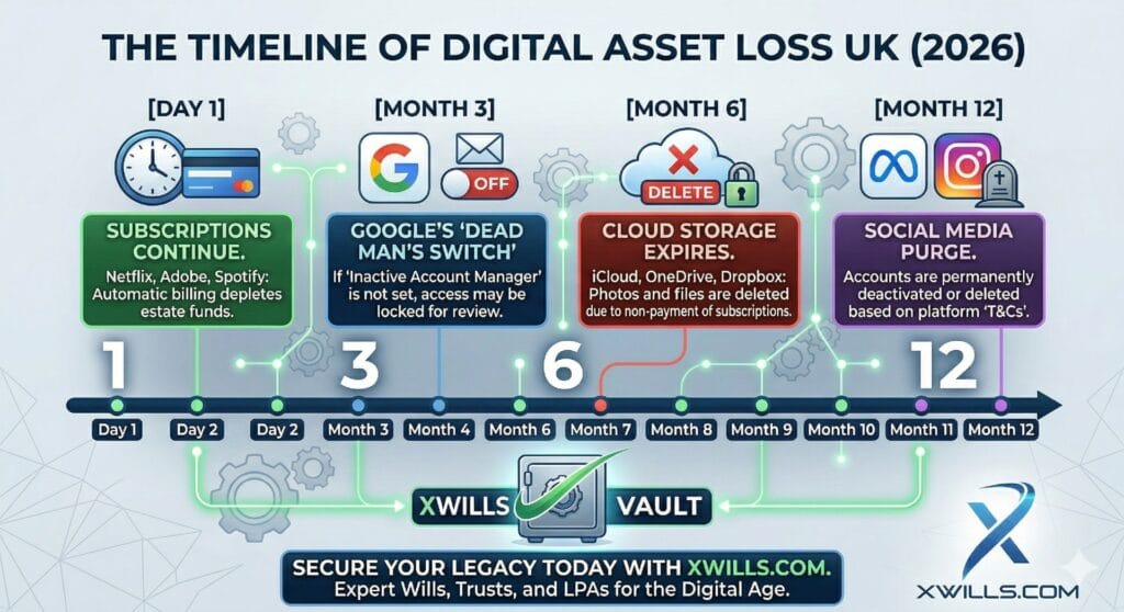 An infographic timeline illustrating the rapid decay of a digital estate over one year after a person's death in the UK, showing subscription billing, Google locks, cloud data deletion, and social media purges.