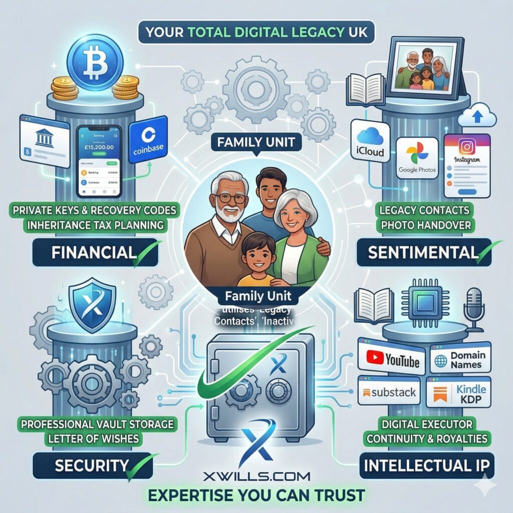 An infographic diagram illustrating the holistic Xwills digital assets estate planning UK ecosystem, showing Financial, Sentimental, and Intellectual pillars secured by Xwills.