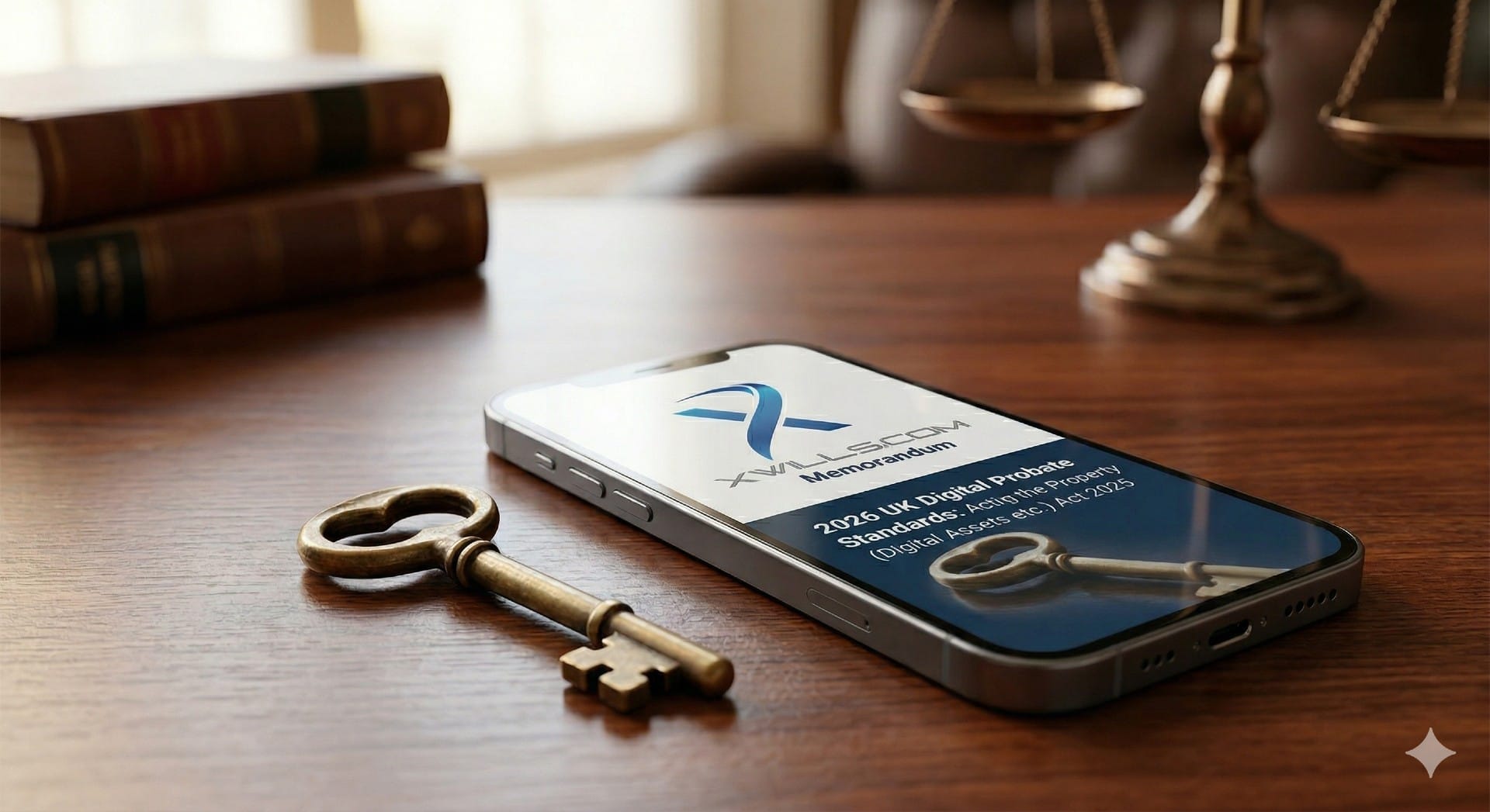 Digital assets estate planning UK: A physical key and a phone displaying the XWILLS.COM Digital Assets Memorandum.