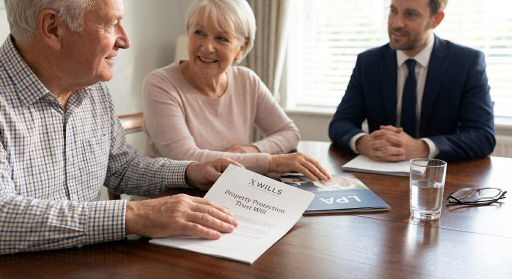 A relaxed elderly UK couple smiles in conversation with a consultant, holding their Property Protection Trust Will and LPA documents, signifying peace of mind against care home fees.