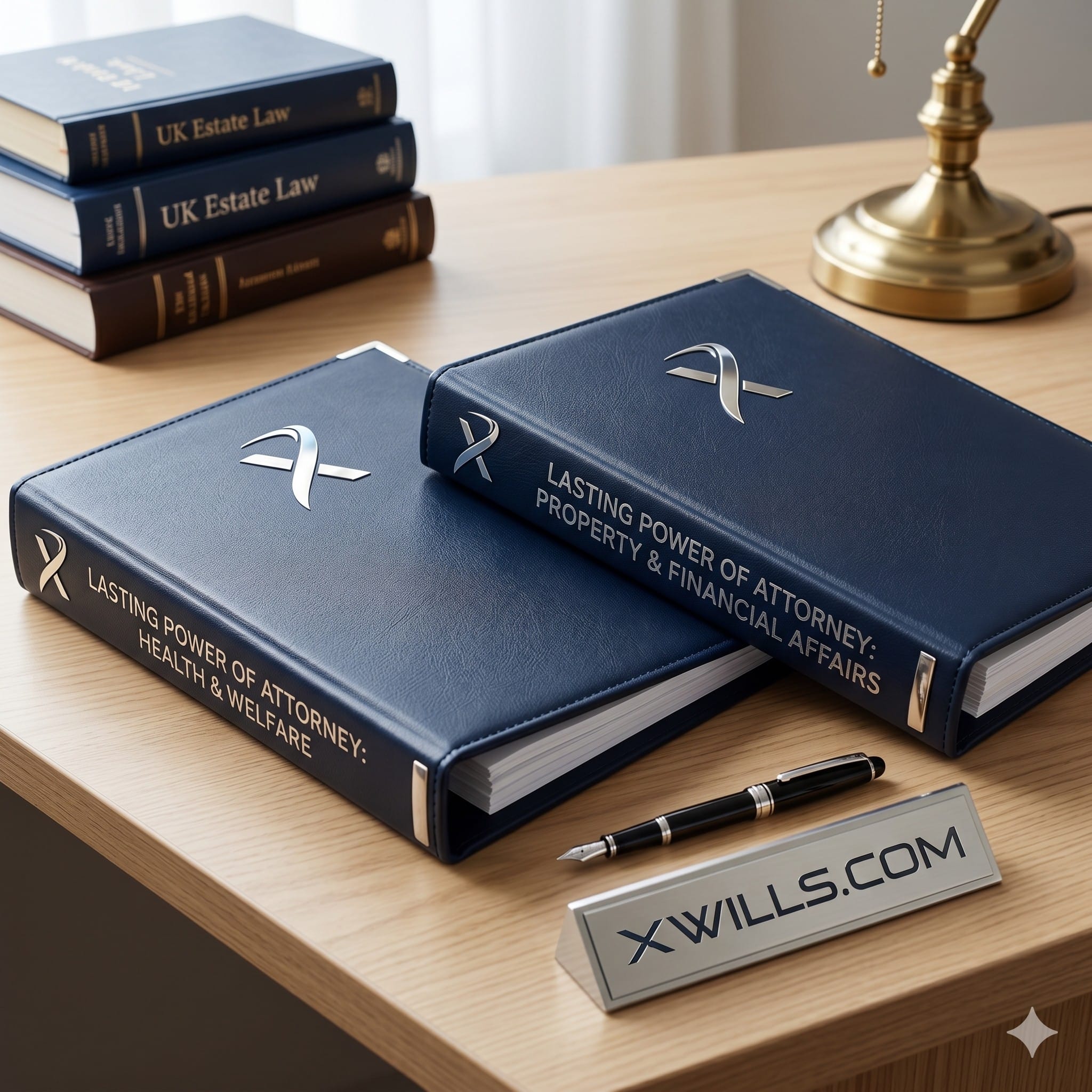 Two professional navy blue Lasting Power of Attorney folders for Health and Welfare and Property and Financial Affairs on a wooden desk with Xwills.com branding.