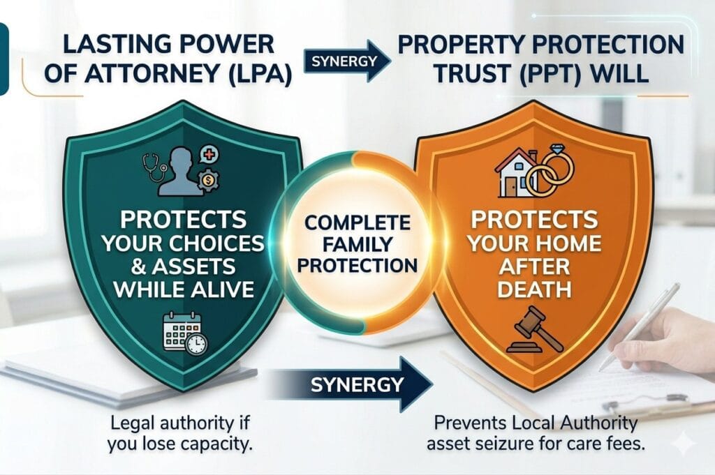 Infographic illustrating the synergy between a UK Lasting Power of Attorney (LPA) and a Property Protection Trust (PPT) Will for full asset protection in 2026