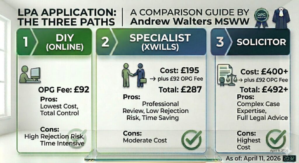 LPA cost comparison by Andrew Walters MSWW showing DIY (OPG Fee £92 only), Specialist (XWills) (£195 Service + £92 OPG Fee = £287 Total), and Solicitor (£400+ Service + £92 OPG Fee = £492+ Total). Updated for April 2026.