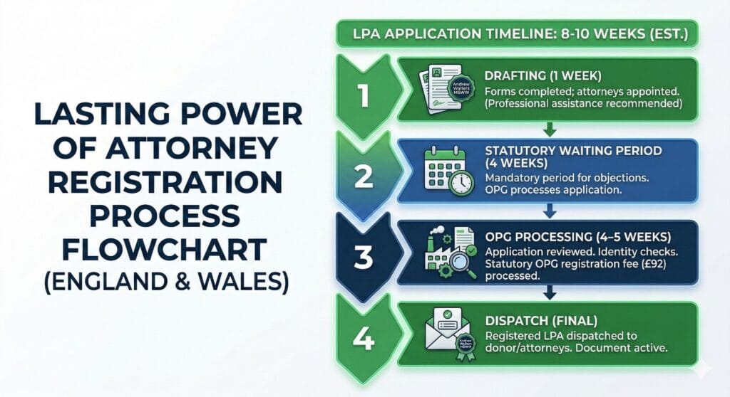 Flowchart of the 8-10 week Lasting Power of Attorney (LPA) registration process in England and Wales showing drafting, 4-week statutory waiting period, and £92 OPG fee.
