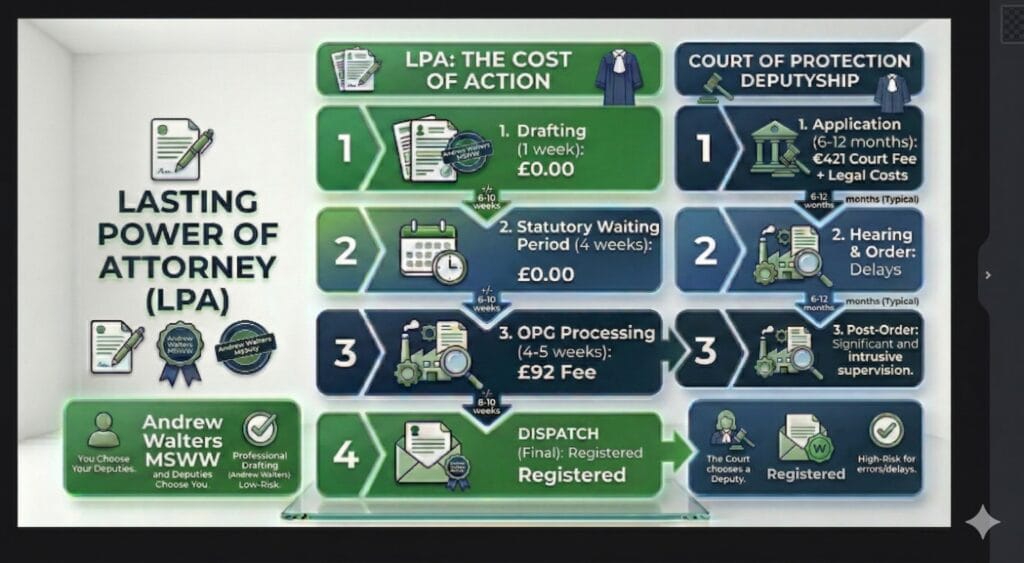 Comparison chart by Andrew Walters MSWW showing LPA (£92 fee) vs Court of Protection Deputyship (£421 court fee). Highlights the 8-10 week LPA timeline versus the 6-12 month Deputyship delay.