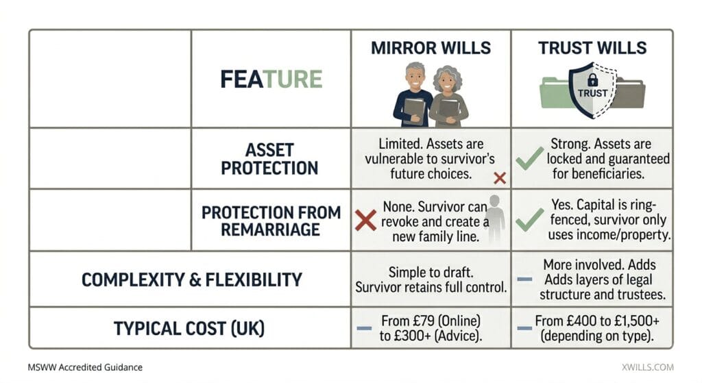 mirror wills vs trust wills UK comparison matrix