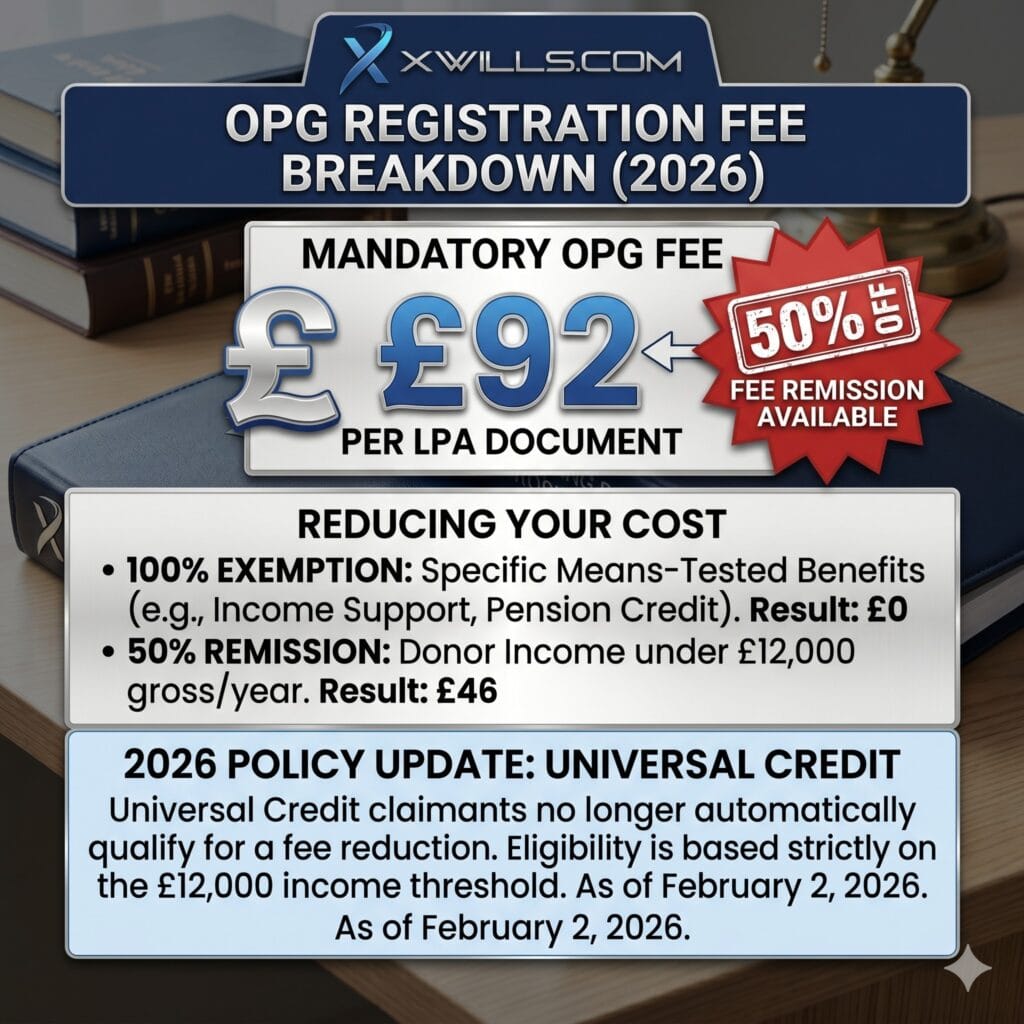 Graphic showing the £92 OPG registration fee with a highlight on the 50% fee remission for those with income under £12,000.