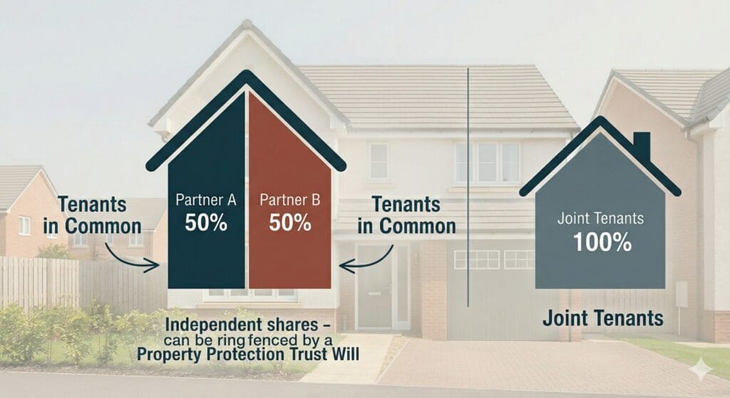 A clear diagram illustrating a house split into distinct shares, representing the Tenants in Common ownership model required for a Property Protection Trust Will to avoid care home fees.
