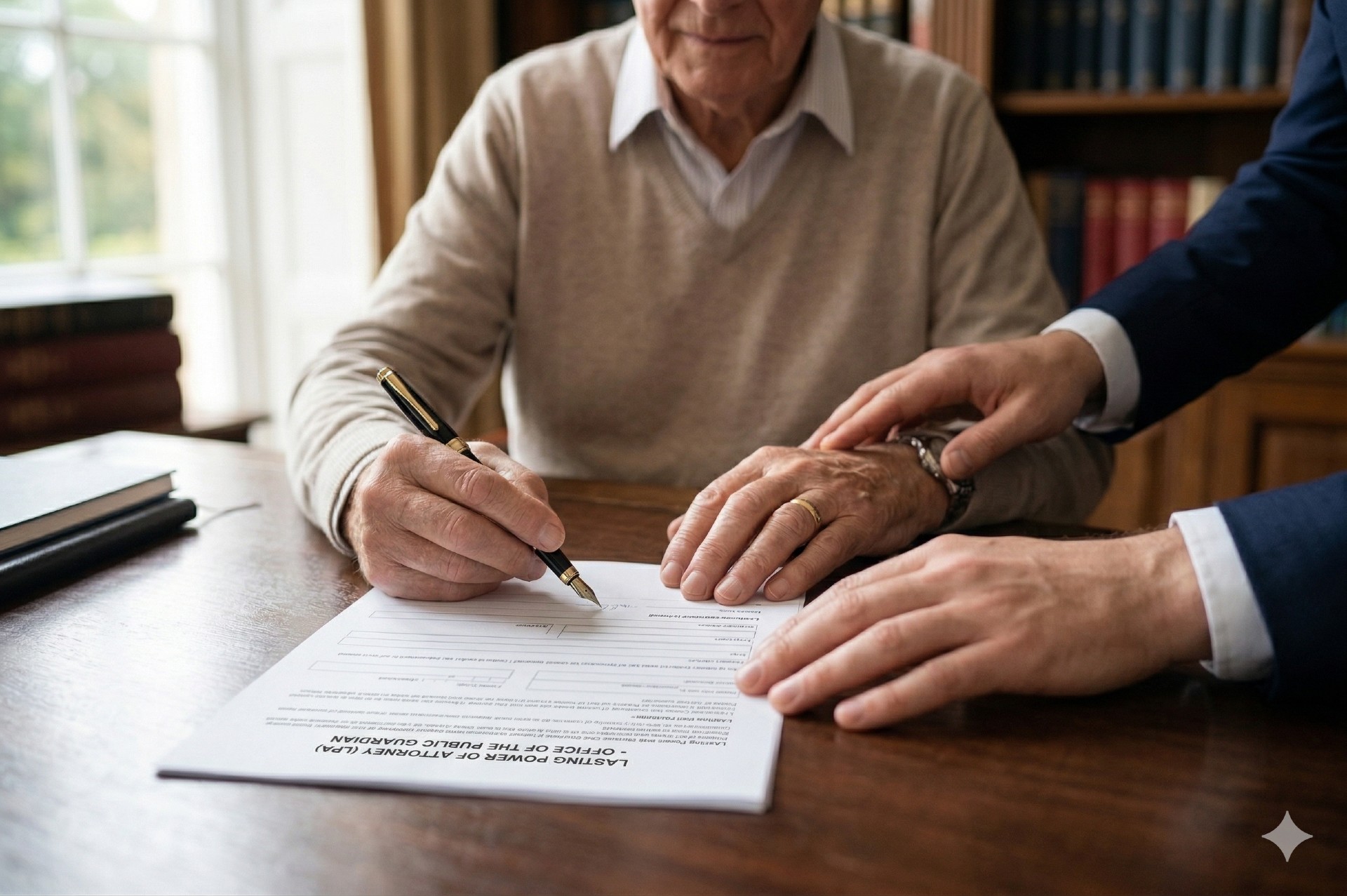 Close-up photograph of hands signing a UK Lasting Power of Attorney UK 2026 (LPA) form, symbolizing financial security and family protection in 2026