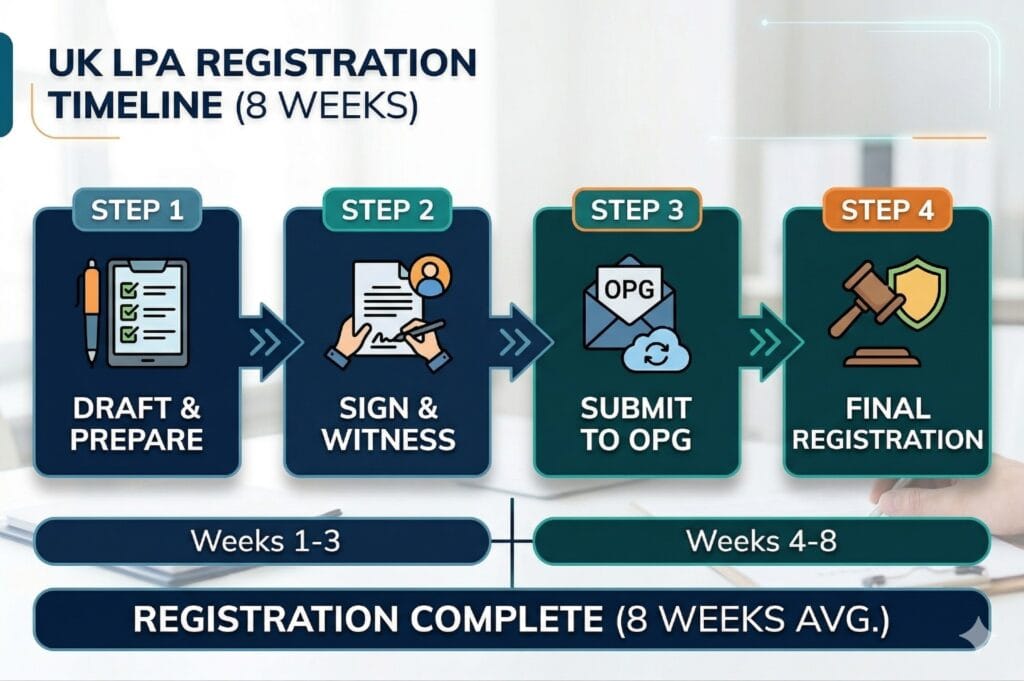 Flowchart of the UK Lasting Power of Attorney (LPA) application and registration process with the Office of the Public Guardian in 2026