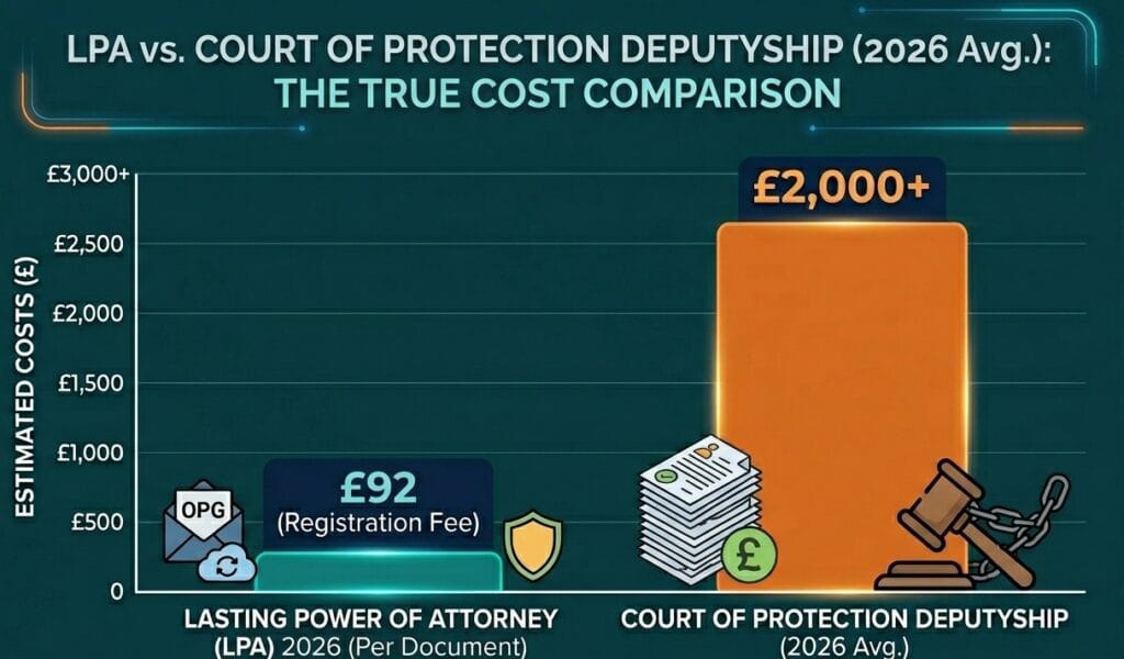 Chart comparing UK Court of Protection Deputyship fees vs Lasting Power of Attorney (LPA) registration costs in 2026 (Per Document)