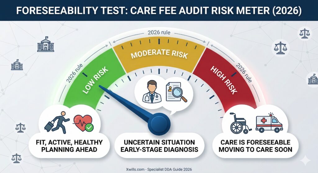 A modern diagram illustrating the risk assessment for deliberate deprivation of assets, showing a gauge where the pointer needle points to the green 'LOW RISK' zone, indicating early estate planning while fit, active, and healthy.