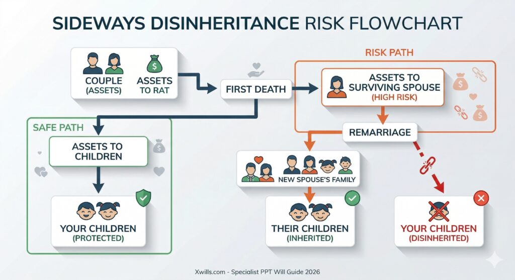 A modern diagram illustrating the risk of sideways disinheritance, showing how assets can pass to a new spouse's family upon remarriage, rather than to the original children, which a Property Protection Trust (PPT) Will prevents.