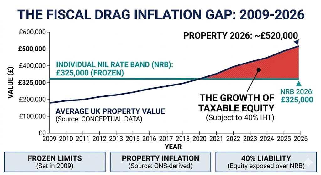 2026 conceptual infographic graph showing the widening gap between rising UK property values (navy) and the frozen inheritance tax nil rate band threshold (teal).