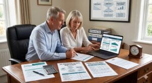 How much is Inheritance Tax? A professional 2026 estate planning consultation. A couple reviews a UK Inheritance Tax analysis document to understand how much is Inheritance Tax for their family home and assets.