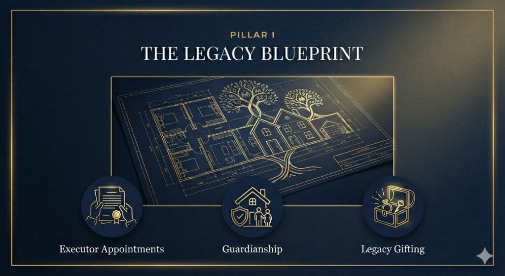A high-end legal illustration for a Mirror Will, titled 'PILLAR I: THE LEGACY BLUEPRINT' in Roman numerals. The golden blueprint features an intertwined family tree, a house, and icons for Executor Appointments, Guardianship, and Legacy Gifting on a navy blue background.