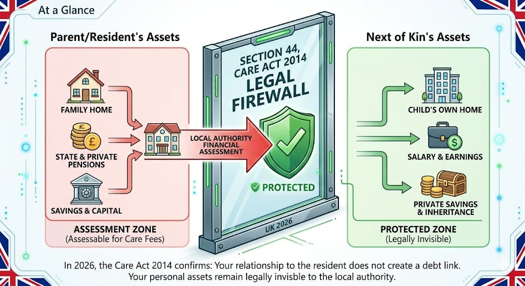 Diagram of UK Care Act 2014 Section 44 legal firewall protecting next of kin assets from care home fee assessments in 2026.