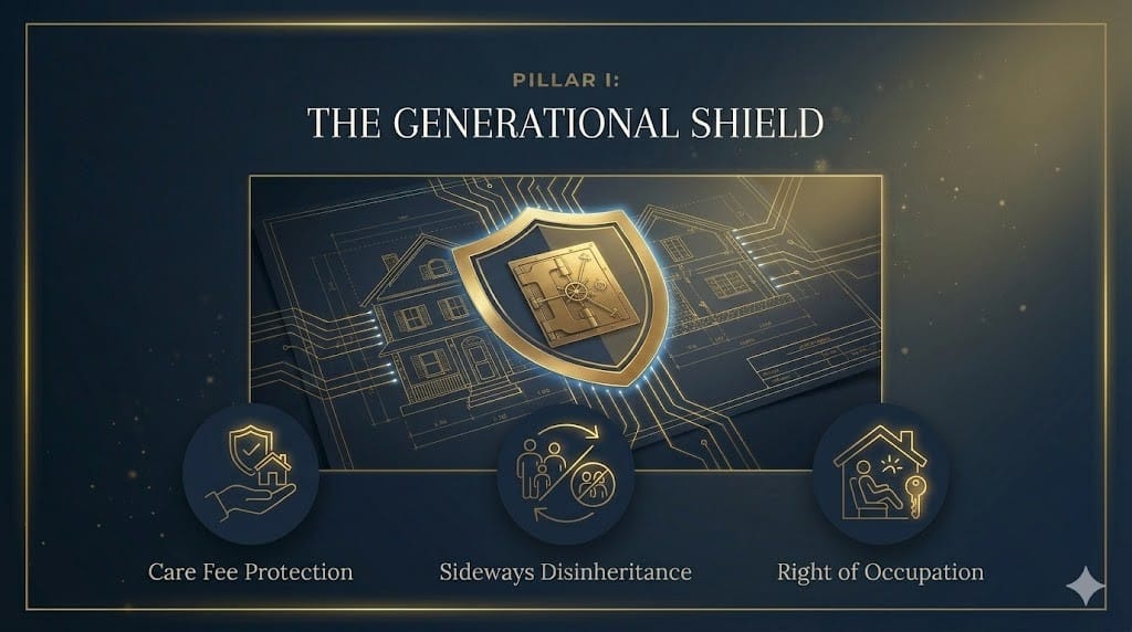 A high-end architectural blueprint of a family home in navy and gold. A large central shield featuring a vault lock sits in front of the house. Three gold circular icons at the base represent Care Fee Protection, Sideways Disinheritance, and Right of Occupation.
