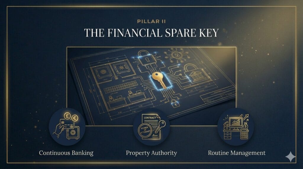 A premium legal graphic for Financial Power of Attorney, titled 'PILLAR III: THE FINANCIAL SPARE KEY' in Roman numerals. The design features a golden key unlocking a financial blueprint with icons representing Continuous Banking, Property Authority, and Routine Management on a navy blue background.