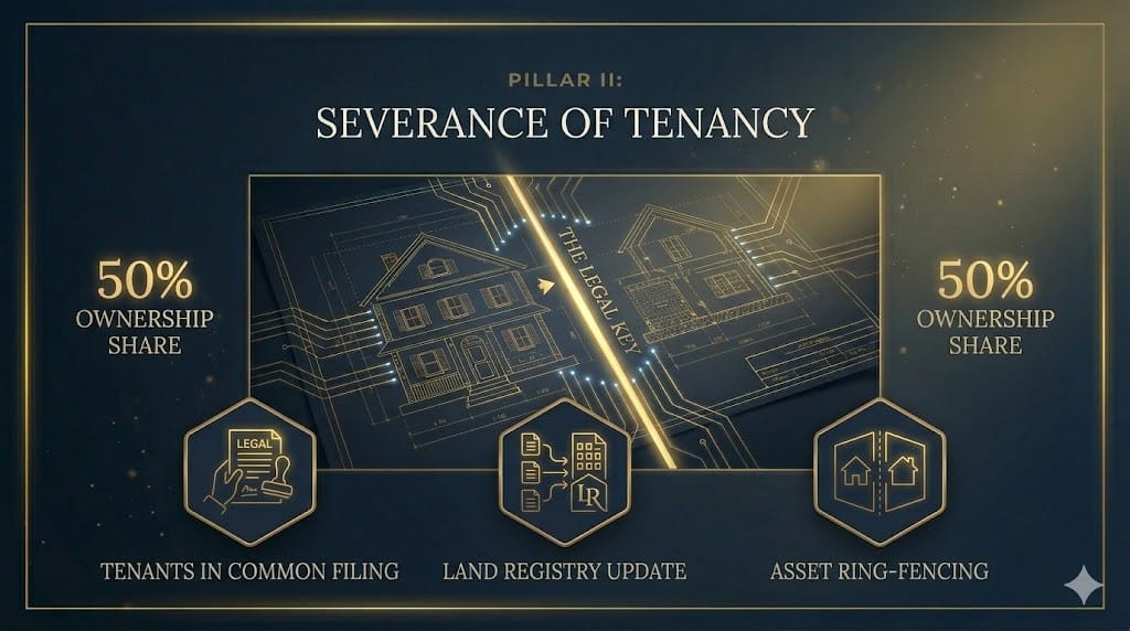 A specialized navy and gold legal schematic illustrating the severance of tenancy process. A large central house is visibly split by a glowing gold line (The Legal Key), dividing it into two 50% shares. Below, three crisp icons detail 'Tenants in Common Filing', 'Land Registry Update', and 'Asset Ring-Fencing'.