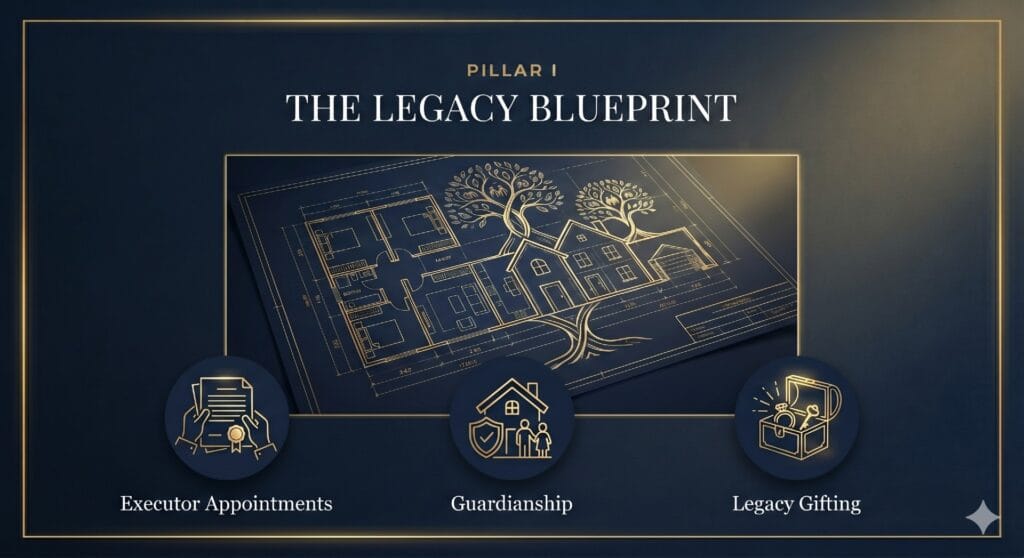 A high-end medical and financial legal illustration titled 'PILLAR II: TOTAL CAPACITY AUTHORITY' in Roman numerals. The golden blueprint combines a medical Staff of Asclepius with a key, featuring icons for Medical Decision-Making, Care & Lifestyle, and Life-Sustaining Treatment on a navy background.