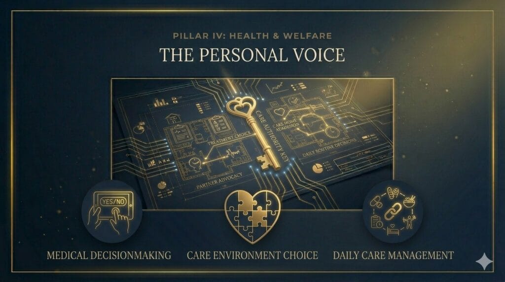 A specialized navy and gold legal schematic illustrating medical and care authority. A central house blueprint shows internal medical details, connected to an ornate golden key with a heart-shaped handle. Below, three icons detail 'Medical Decisionmaking', 'Care Environment Choice', and 'Daily Care Management'.