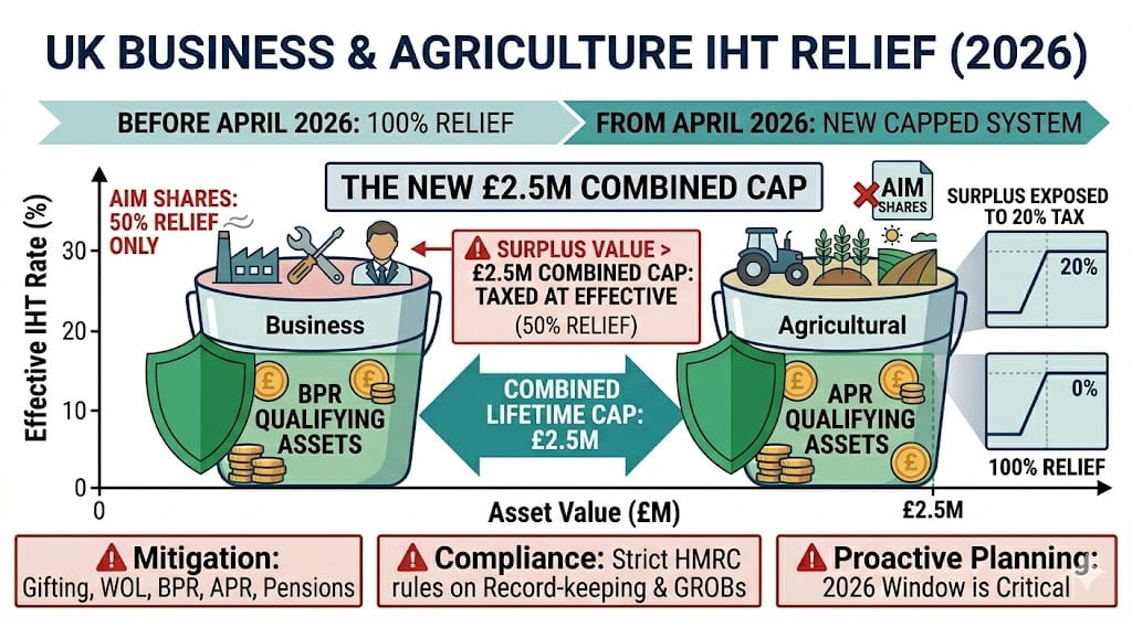 2026 Infographic showing the new £2.5 Million combined cap for Business Property Relief (BPR) and Agricultural Property Relief (APR) in the UK, highlighting the 20% effective tax rate on surplus value and the AIM share restrictions.