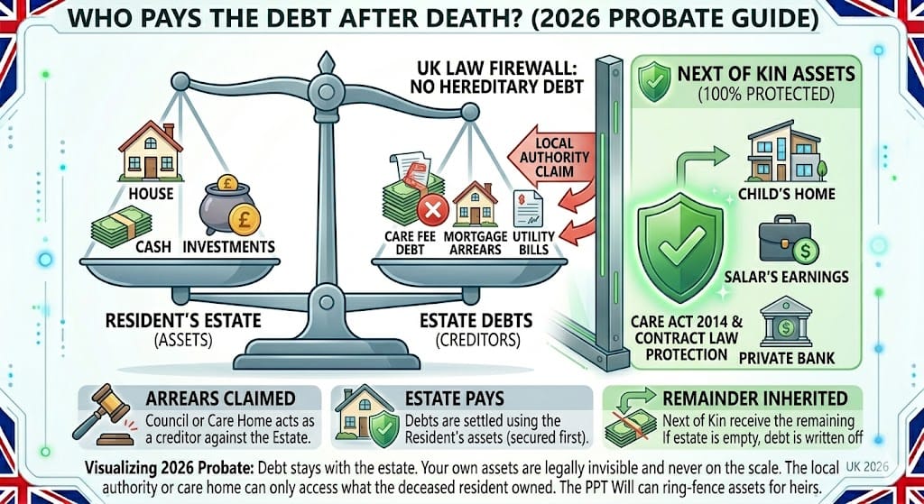 Infographic illustrating UK probate rules for care fee debts in 2026, showing that debt stays with the deceased’s estate while next of kin assets remain protected behind a legal firewall.