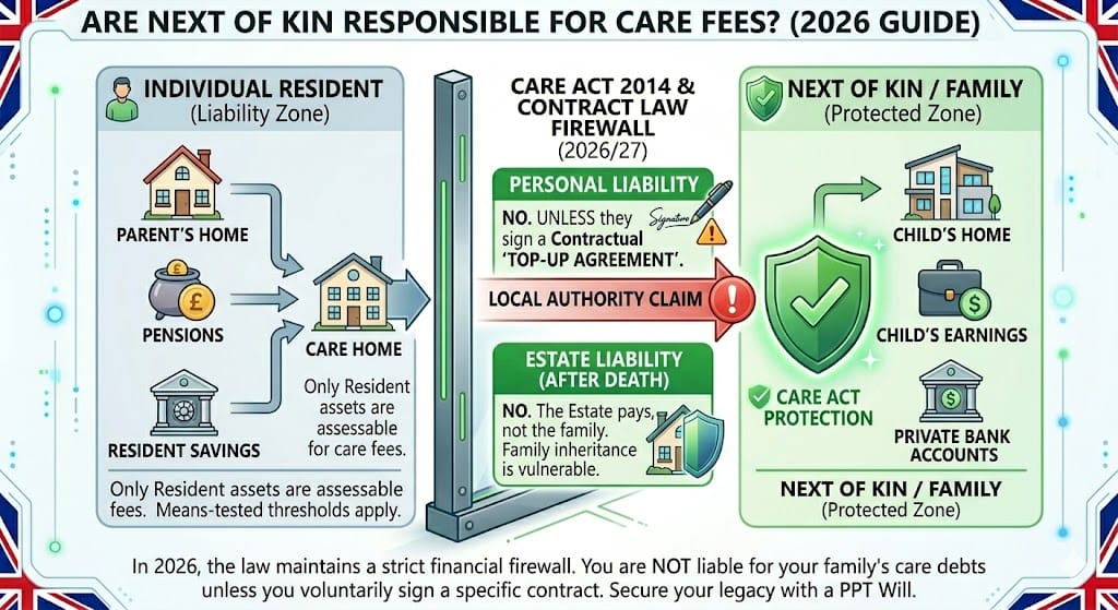 Infographic diagram illustrating the 2026 UK legal firewall that separates a resident's care liability from their next of kin's personal assets (salary, home, savings), confirming that families are NOT responsible by law.