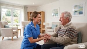 Are Next of Kin Responsible for Care Home Fees? A compassionate nurse caring for an elderly man, both smiling, in a high-quality UK care setting.