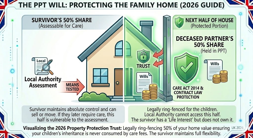 Infographic showing a house split 50/50 to illustrate how a Property Protection Trust (PPT) Will works in 2026, with one half protected by a trust shield for heirs.