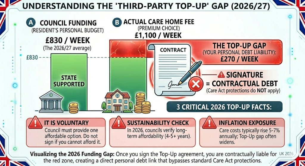 2026 Infographic showing the financial gap between UK local authority care funding and premium care home fees, with symmetrical risk boxes and no branding.
