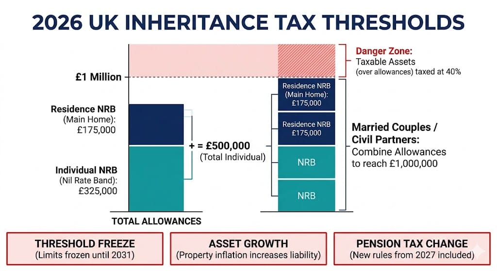 2026 UK Inheritance Tax infographic showing Nil Rate Band stacking, the £1 million married couple allowance, and the 40% taxable danger zone.