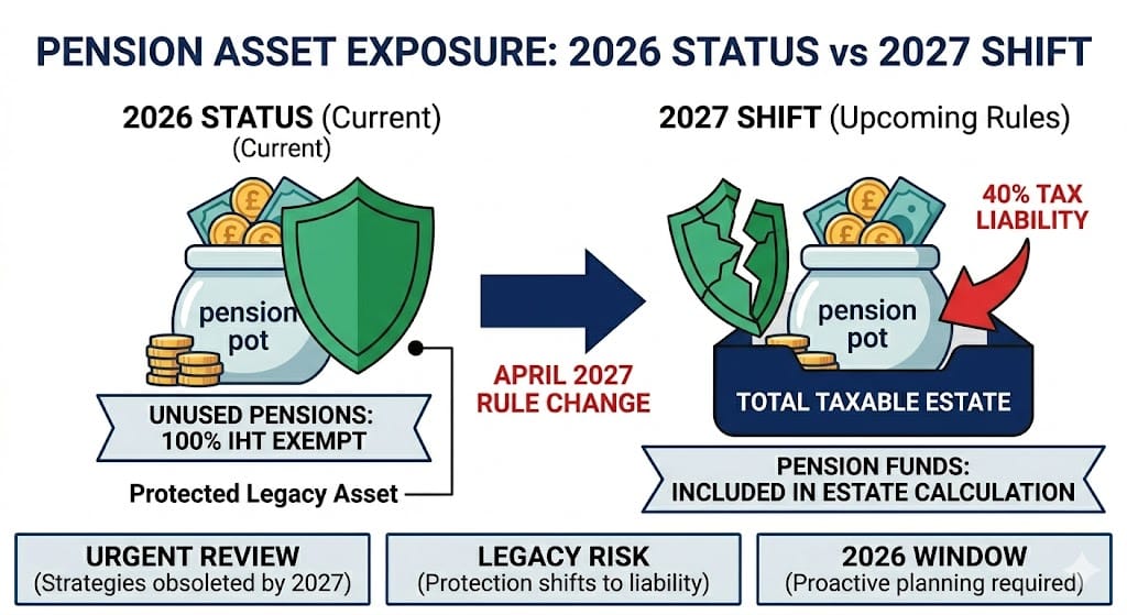 2026 conceptual infographic diagram showing the transition of unused pension pots from 100% tax-exempt (2026) to being included in the 40% taxable estate (2027 Shift).