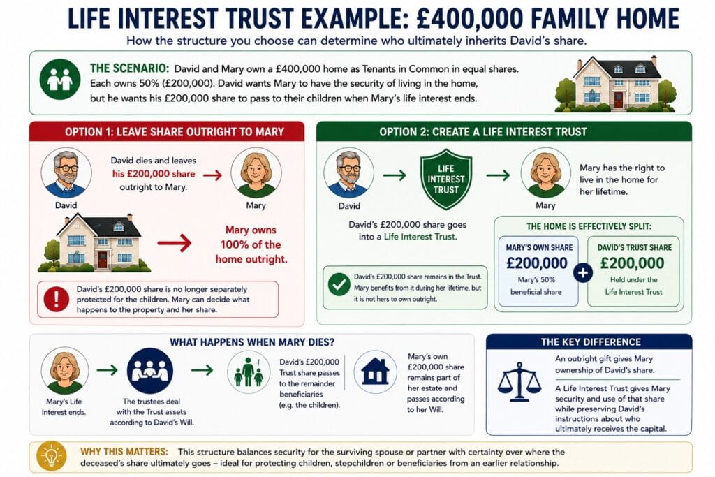 Life Interest Trust example for a £400,000 family home showing David and Mary's £200,000 shares