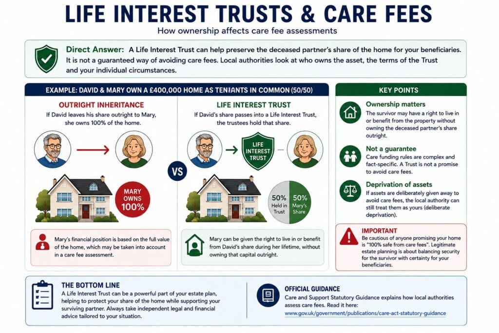 Life Interest Trust and care fees showing outright inheritance compared with assets held in trust