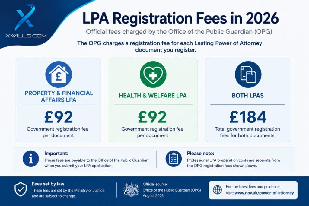 LPA registration fees 2026 showing £92 for each Lasting Power of Attorney and £184 for both LPA types