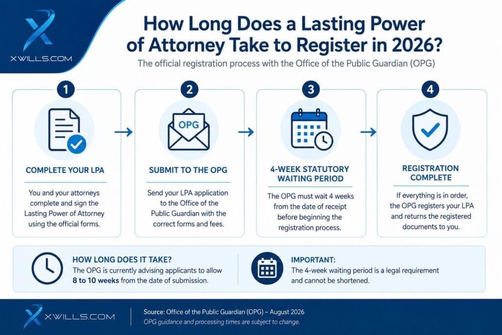 How long does a Lasting Power of Attorney take to register in 2026? Xwills infographic showing the OPG LPA registration process and 8 to 10 week timeframe