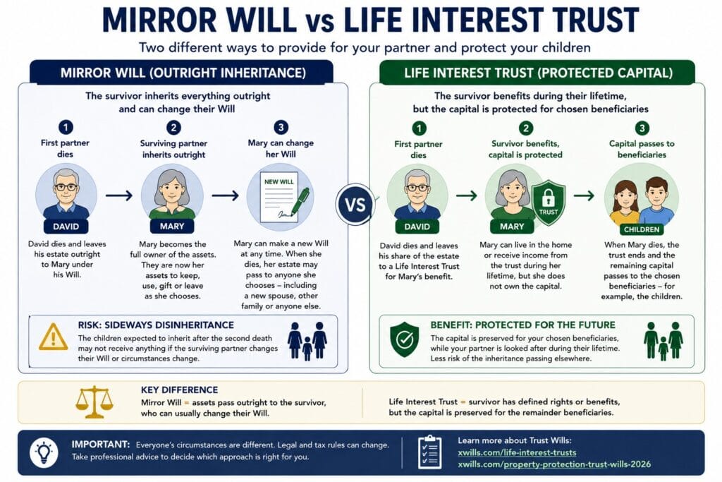 Mirror Will vs Life Interest Trust comparison showing outright inheritance and protected capital