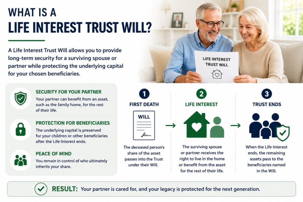 Life Interest Trust Will showing protection for a surviving partner and beneficiaries